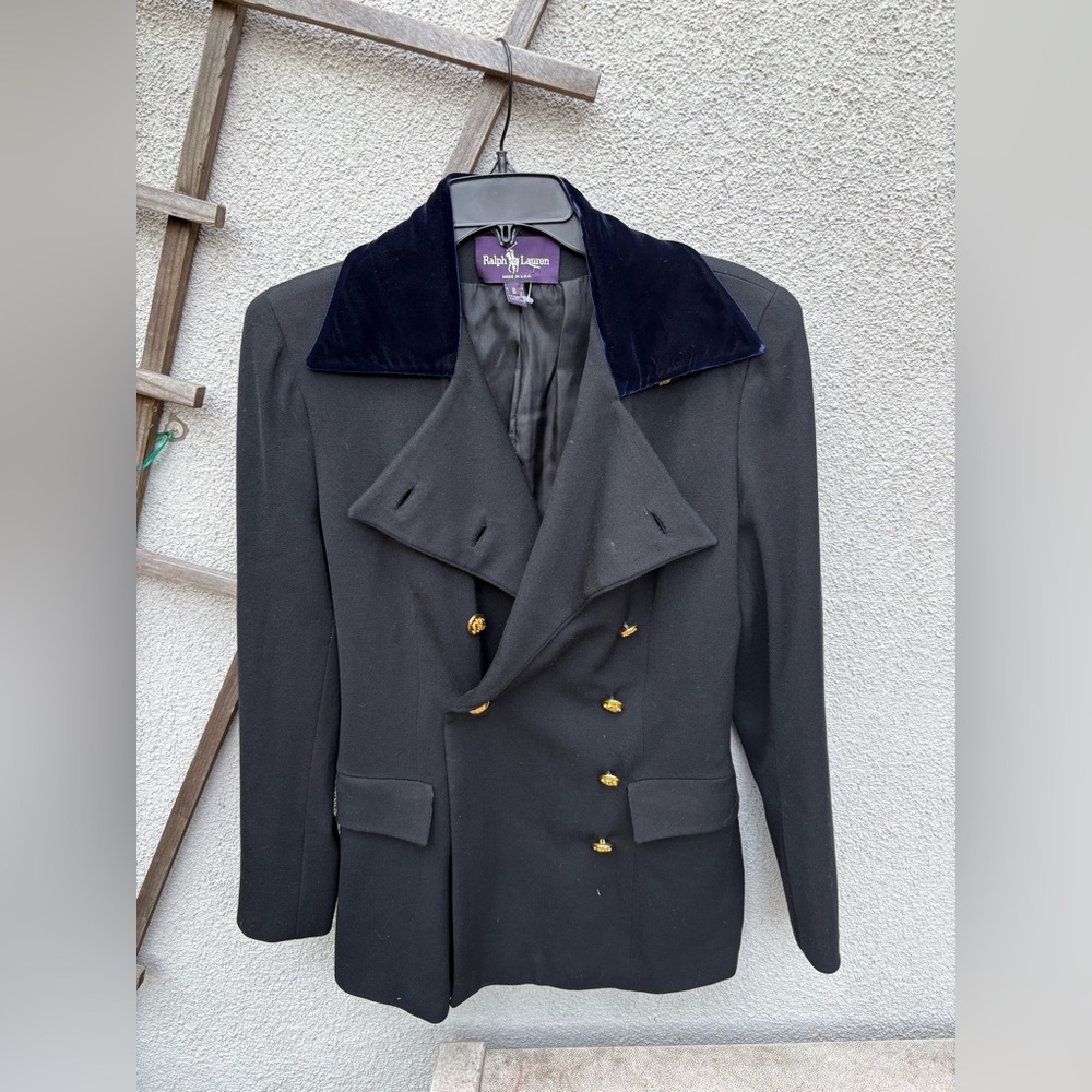 VTG RALPH LAUREN PURPLE LABEL Black Wool Velvet Double Breasted Military Jacket